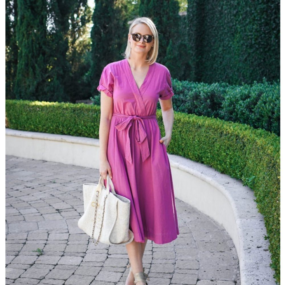 Xirena Cate Dress Cotton Double Gauze Pink Midi Faux Wrap with Pockets XS